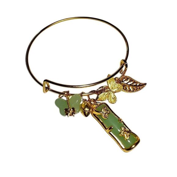 Gold And Green Adjustable Bangle Charm Bracelet - Picture 1 of 3